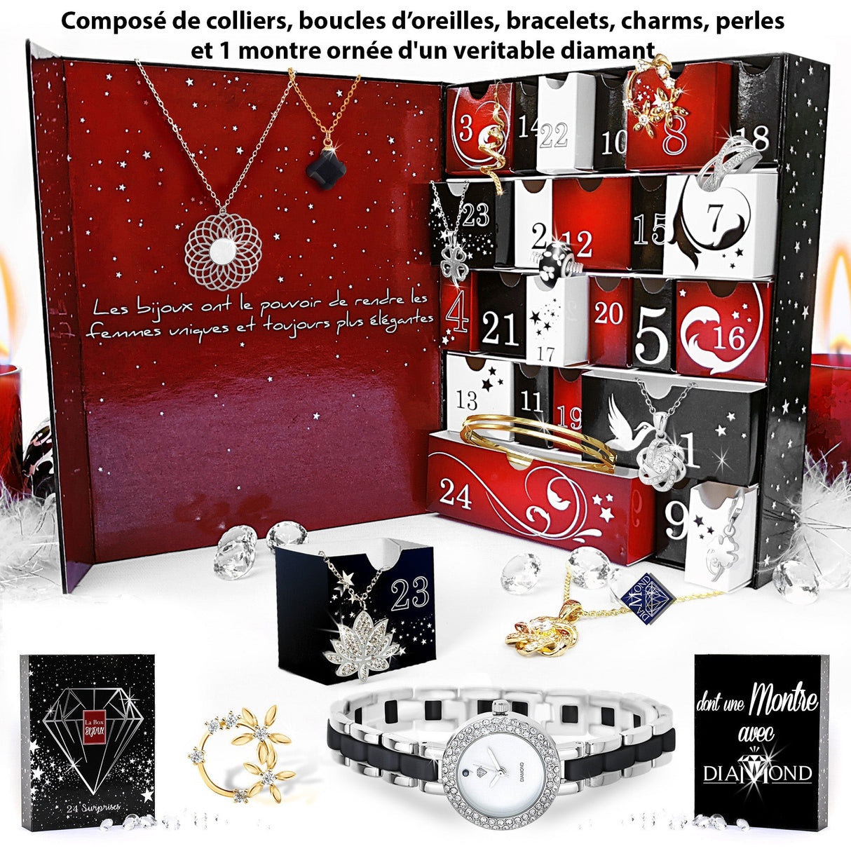 Calendrier de l'avent grand format 23 bijoux en Laiton et Acier inoxydable + 1 montre ornée d'un veritable diamant - Livraison Offerte